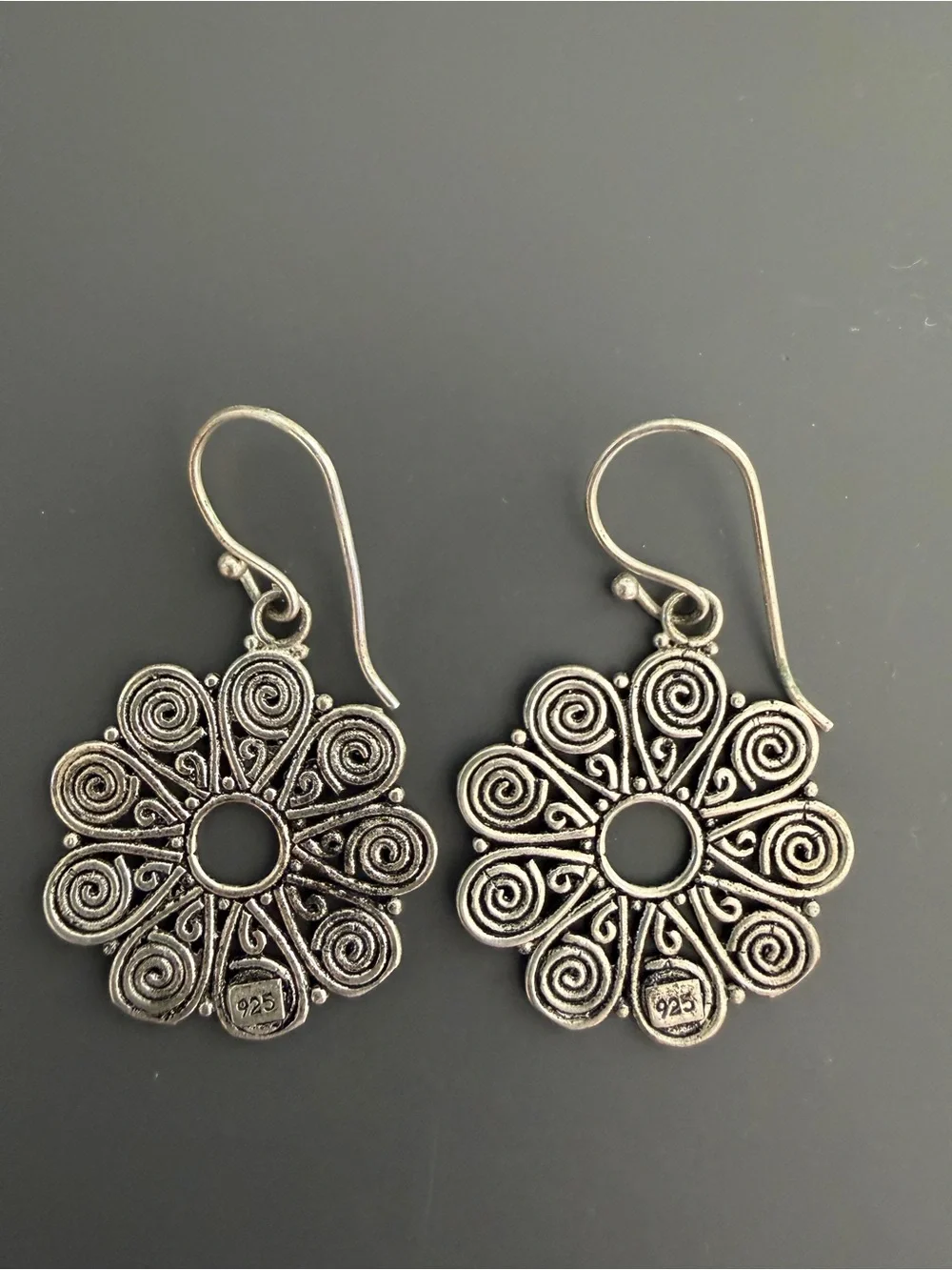 Sterling Silver 925 Spiral Filigree Flower Dangle Earrings